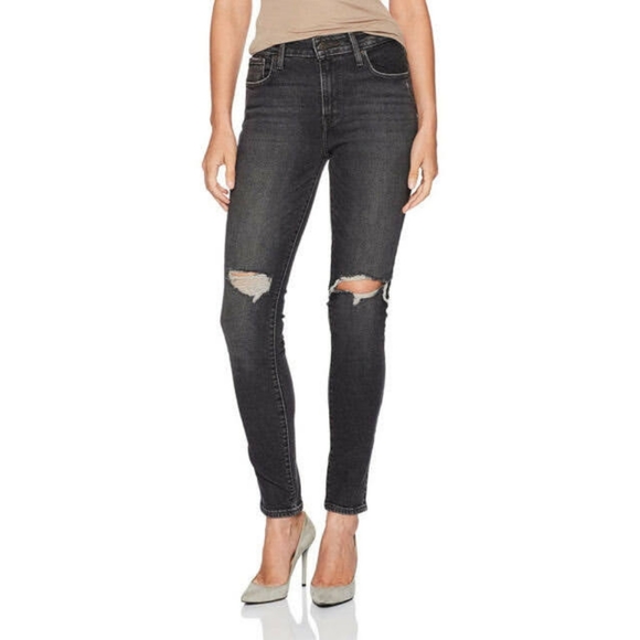 Levi's 721 Sz 33x30 or 16 High Rise Skinny Black Distressed Jeans Denim - Picture 1 of 5